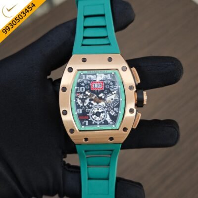 Richard Mille RM011 Rose Gold Green Dial Green Rubber Strap Swiss Automatic Watch