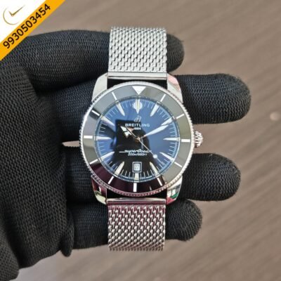 Breitling Superocean Black Dial with Stainless Steel Mesh Strap Swiss Quartz Watch