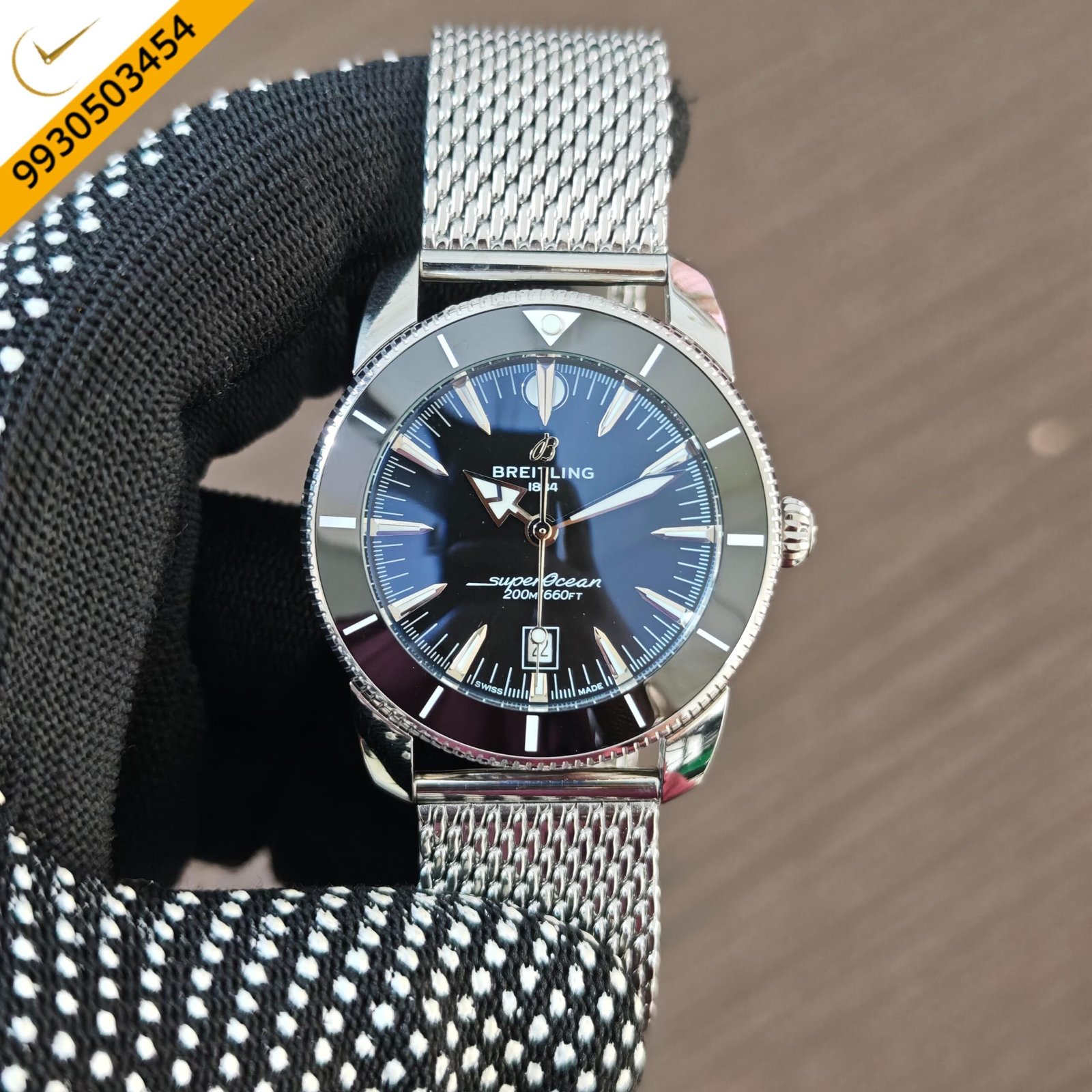 Breitling Superocean Black Dial with Stainless Steel Mesh Strap Swiss Quartz Watch - Image 2