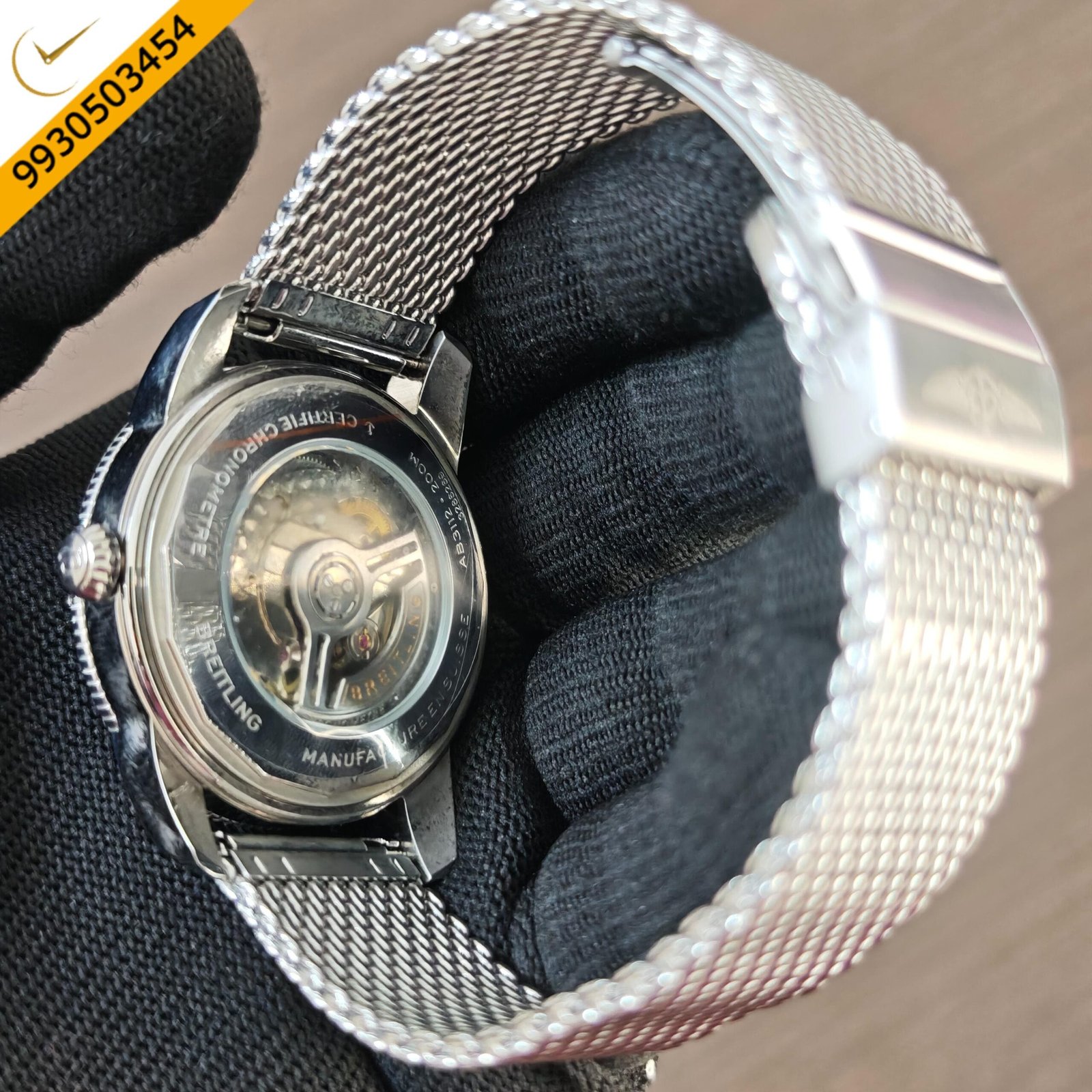 Breitling Superocean Black Dial with Stainless Steel Mesh Strap Swiss Quartz Watch - Image 3
