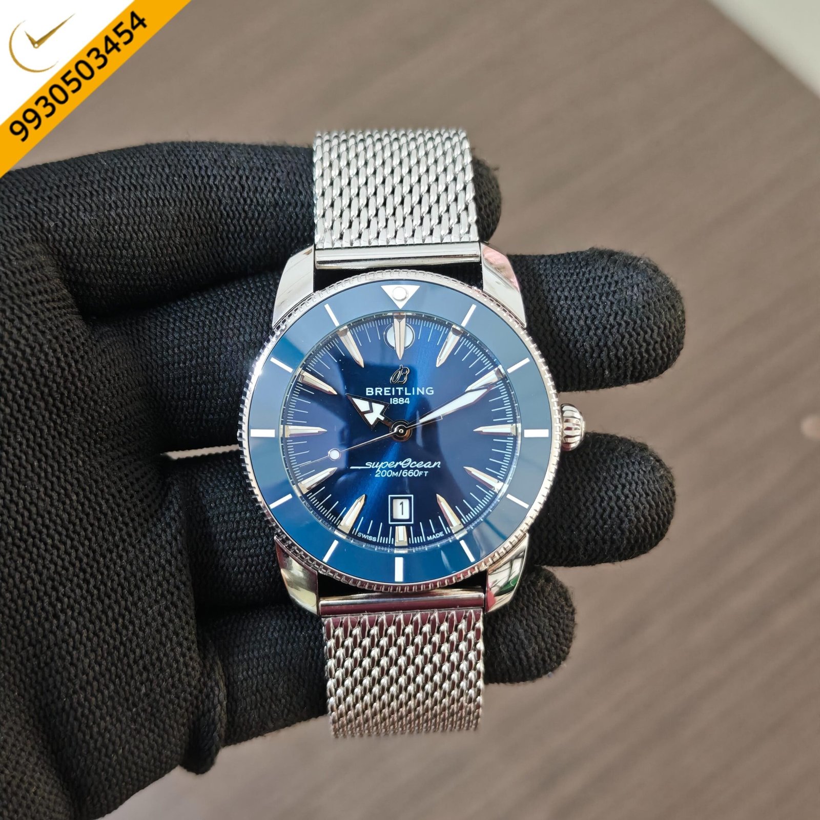 Breitling Superocean Blue Dial with Stainless Steel Mesh Strap Swiss Quartz Watch