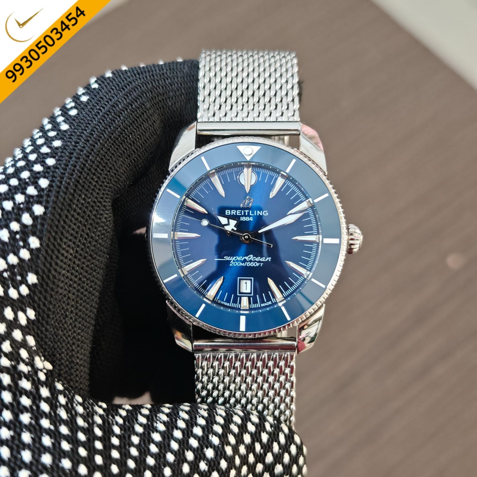 Breitling Superocean Blue Dial with Stainless Steel Mesh Strap Swiss Quartz Watch - Image 2