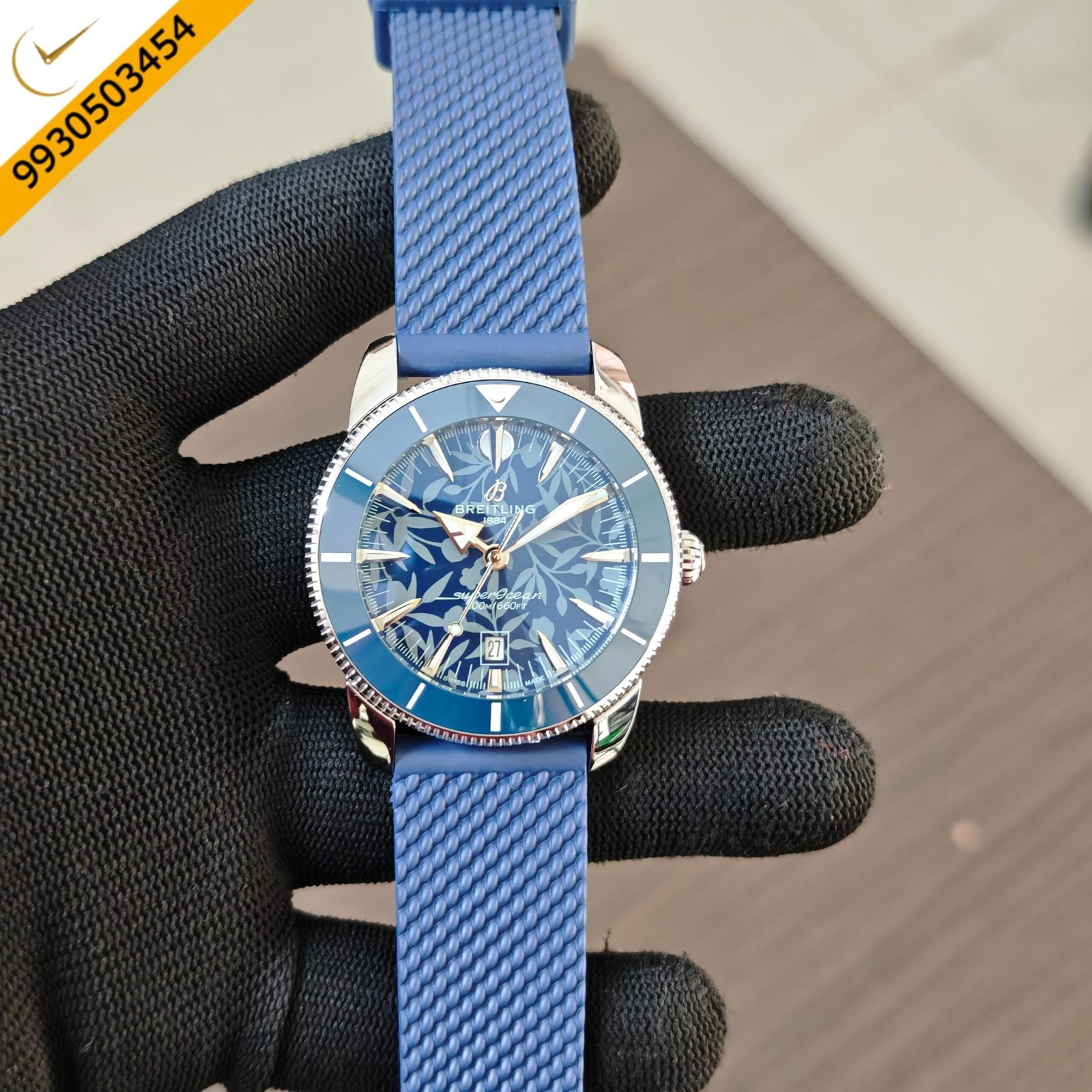 Breitling Superocean Blue Floral Dial with Blue Rubber Strap Swiss Quartz Watch - Image 2
