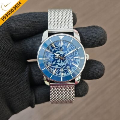 Breitling Superocean Blue Floral Dial with Stainless Steel Mesh Strap Swiss Quartz Watch