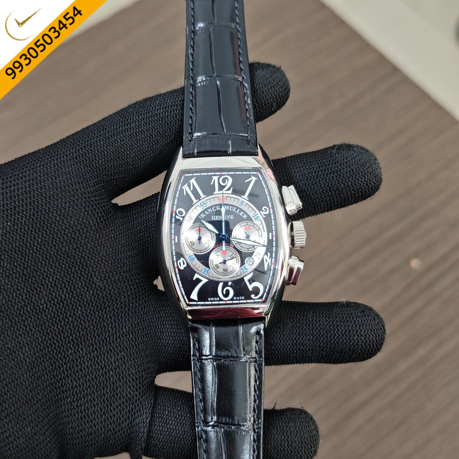 Franck Muller Cintree Curvex Chronograph Black Dial Black Leather Strap Swiss Automatic Watch