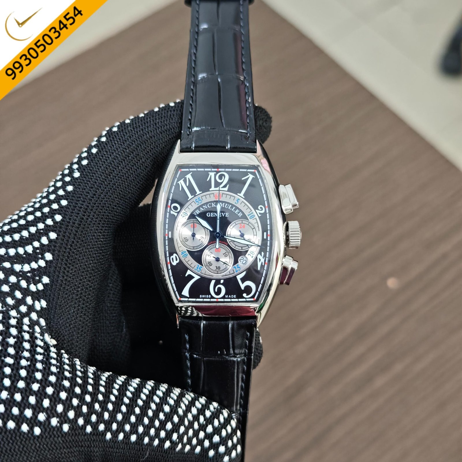 Franck Muller Cintree Curvex Chronograph Black Dial Black Leather Strap Swiss Automatic Watch - Image 2