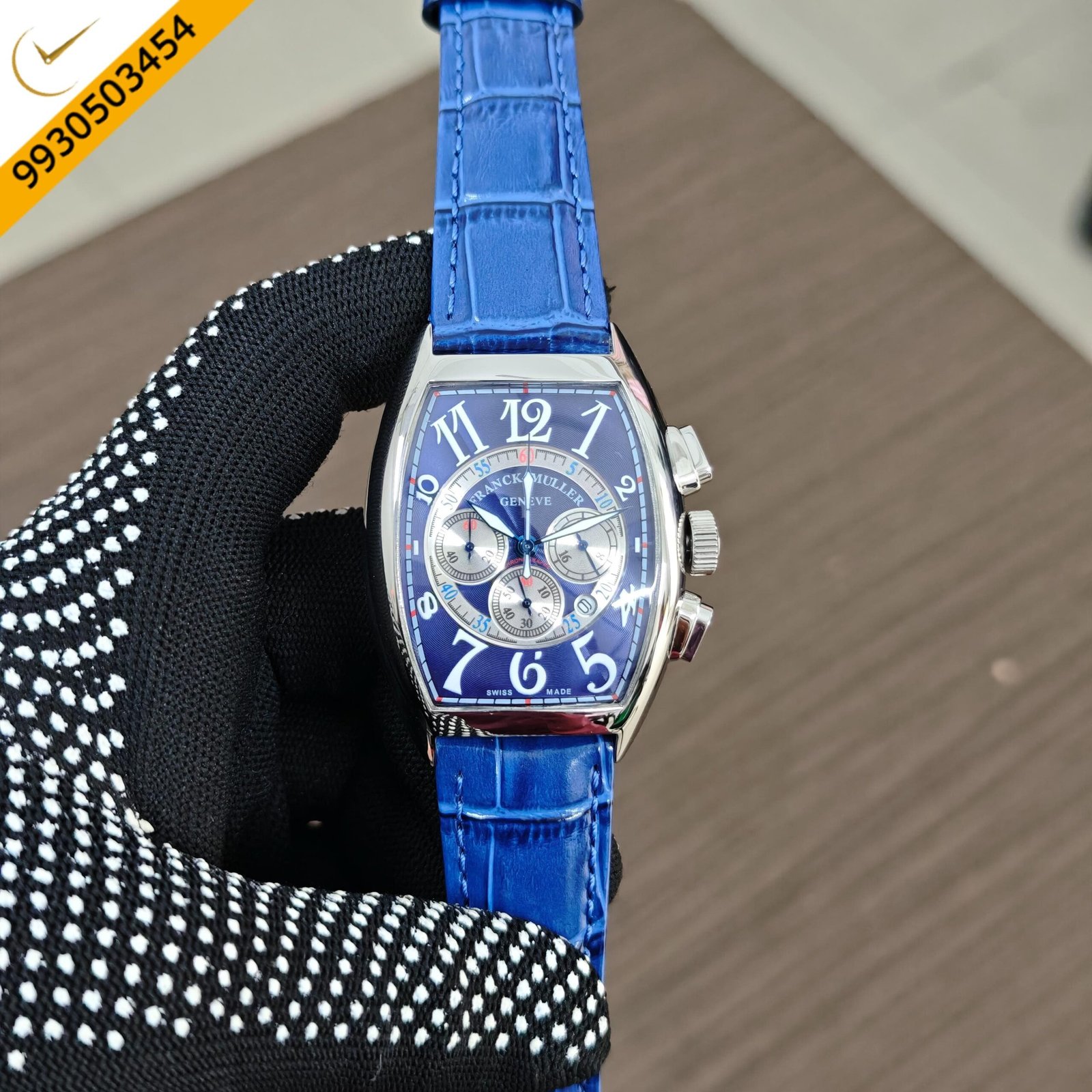 Franck Muller Cintree Curvex Chronograph Blue Dial Blue Leather Strap Swiss Automatic Watch - Image 2