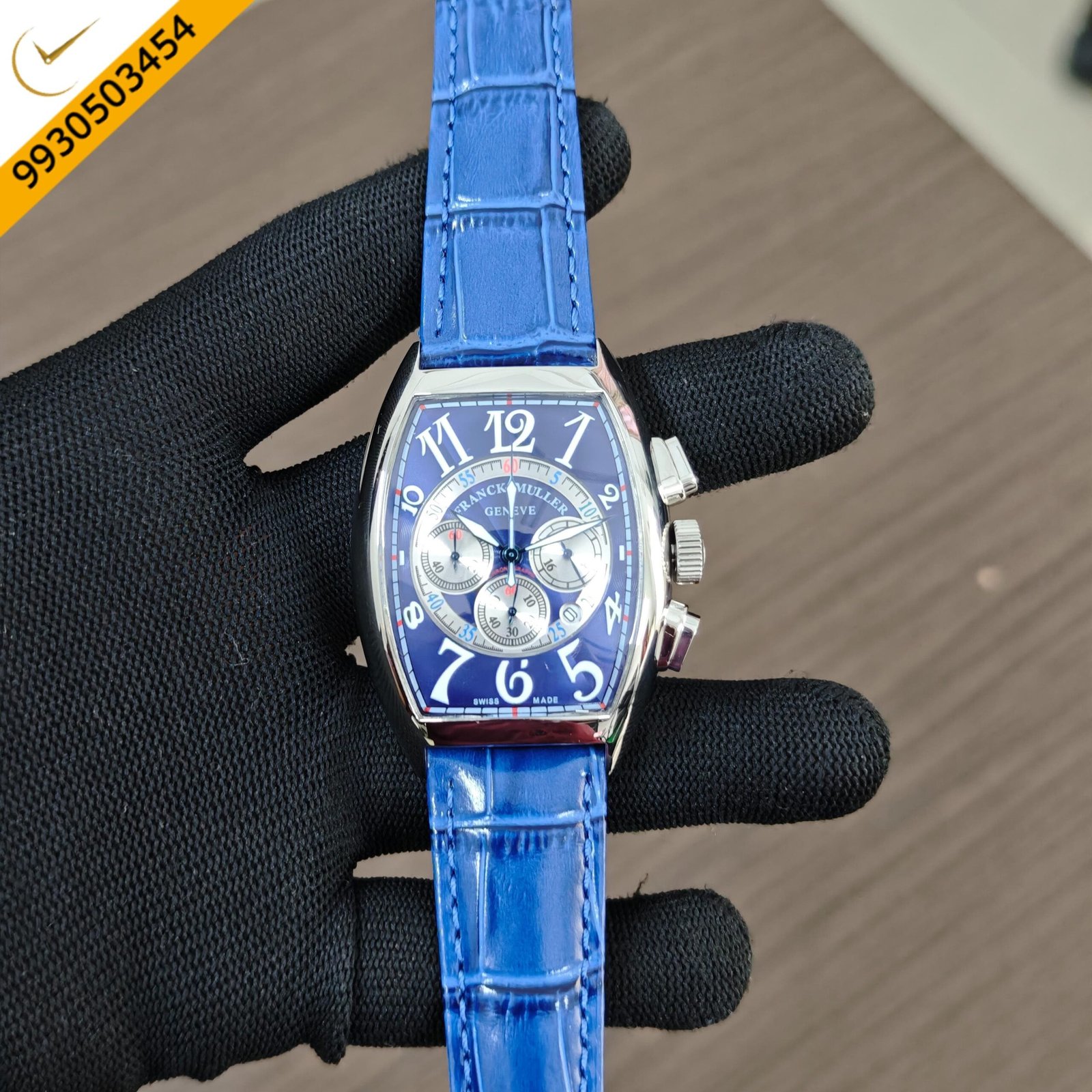 Franck Muller Cintree Curvex Chronograph Blue Dial Blue Leather Strap Swiss Automatic Watch