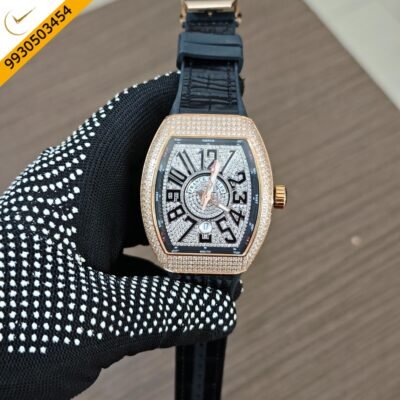 Franck Muller Vanguard Diamond Dial with Black Leather Strap Swiss Quartz Watch