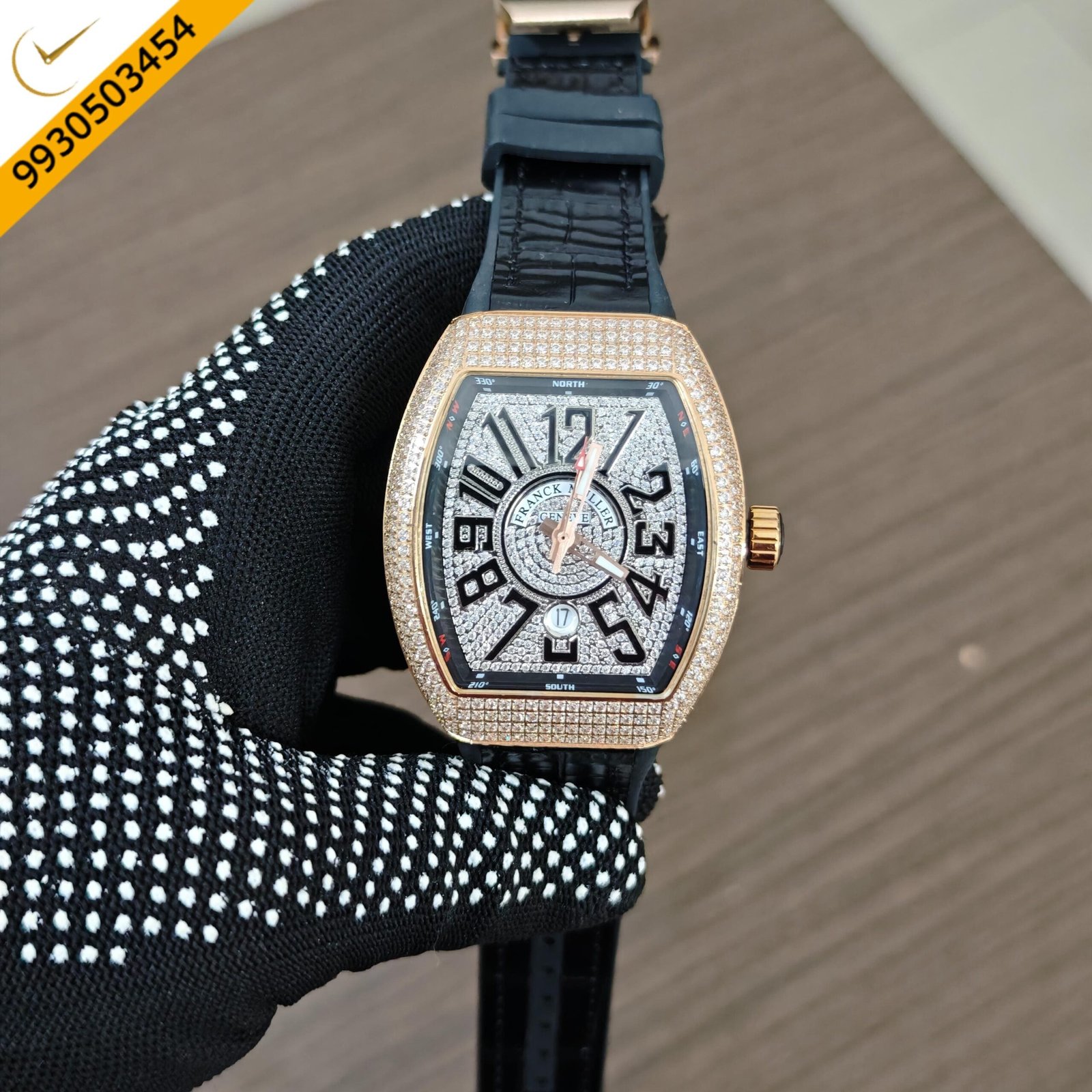 Franck Muller Vanguard Diamond Dial with Black Leather Strap Swiss Quartz Watch
