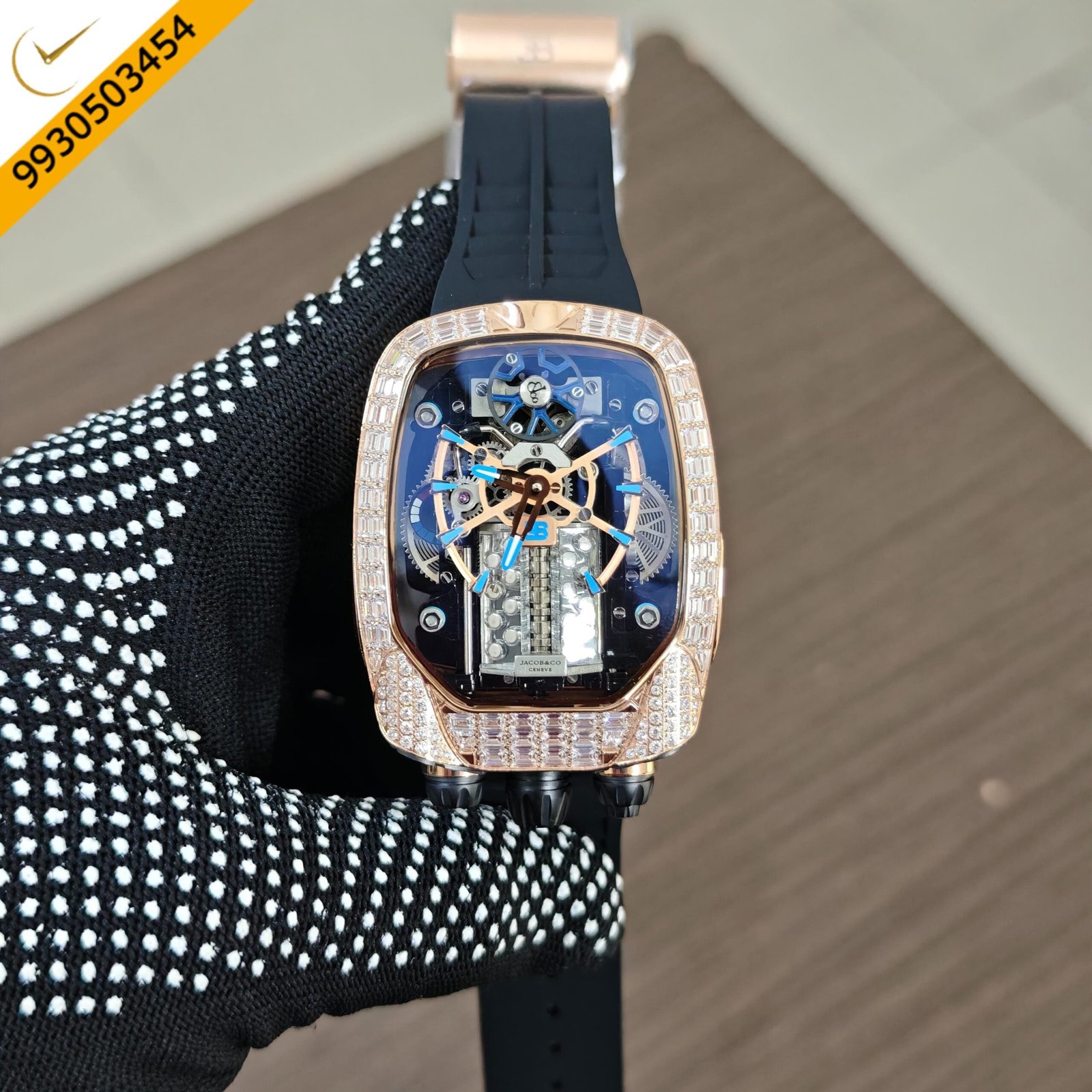 Jacob & Co. Bugatti Chiron Tourbillon Rose Gold Diamond Black Rubber Strap Swiss Automatic Watch