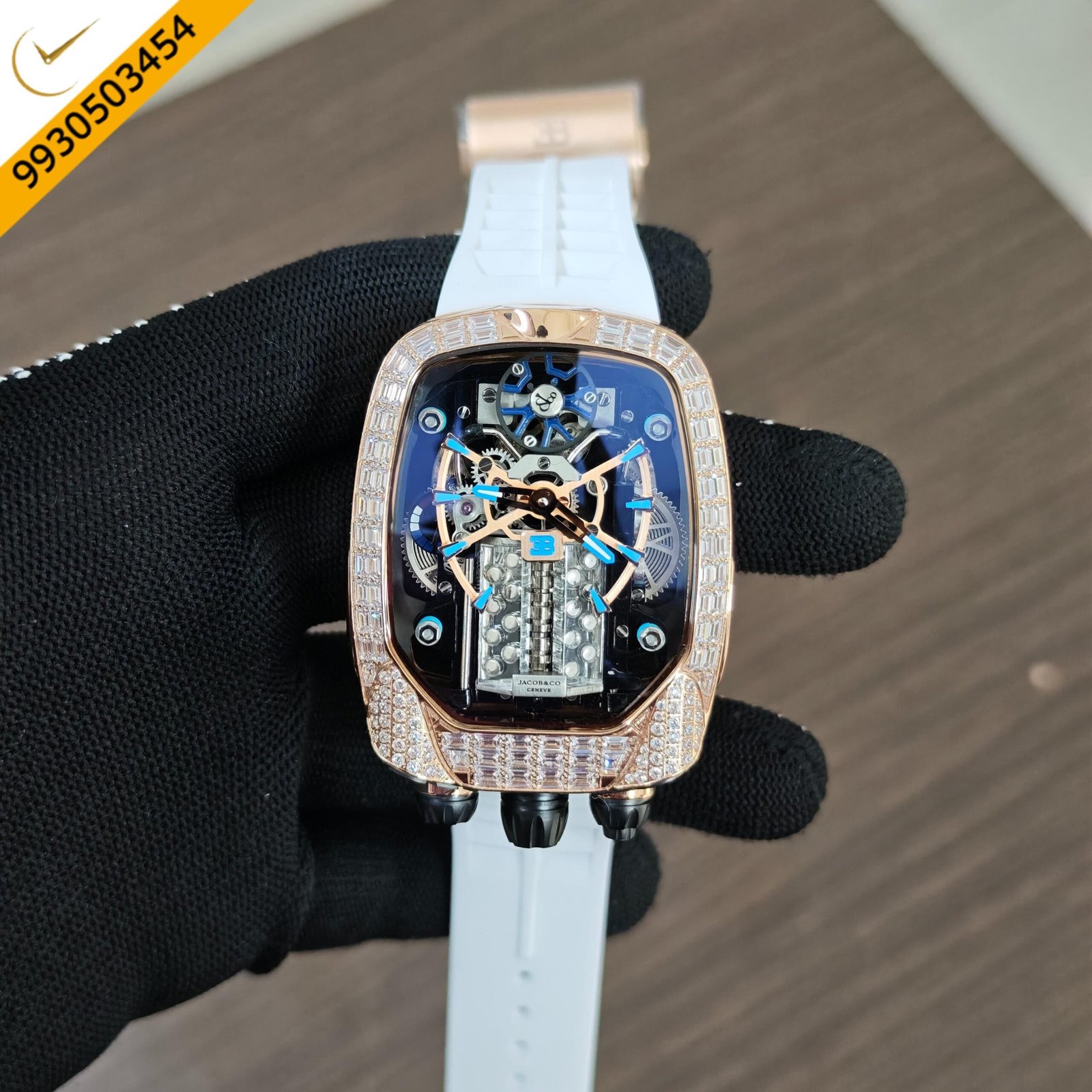 Jacob & Co. Bugatti Chiron Tourbillon Rose Gold Diamond White Rubber Strap Swiss Automatic Watch