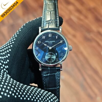 Patek Philippe Classic Tourbillon Swiss Automatic Watch featuring a blue dial and black leather strap.