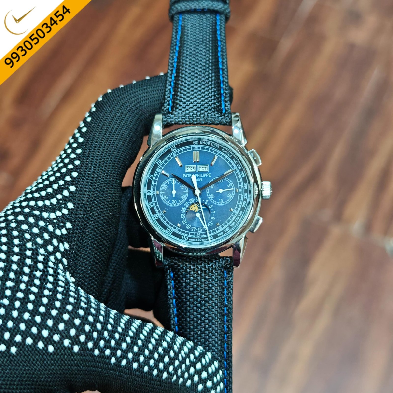 Patek Philippe Style Chronograph Blue Dial Black Fabric Strap Swiss Automatic Watch
