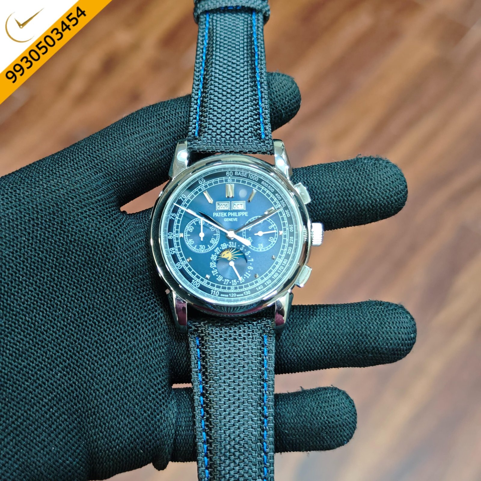 Patek Philippe Style Chronograph Blue Dial Black Fabric Strap Swiss Automatic Watch - Image 2