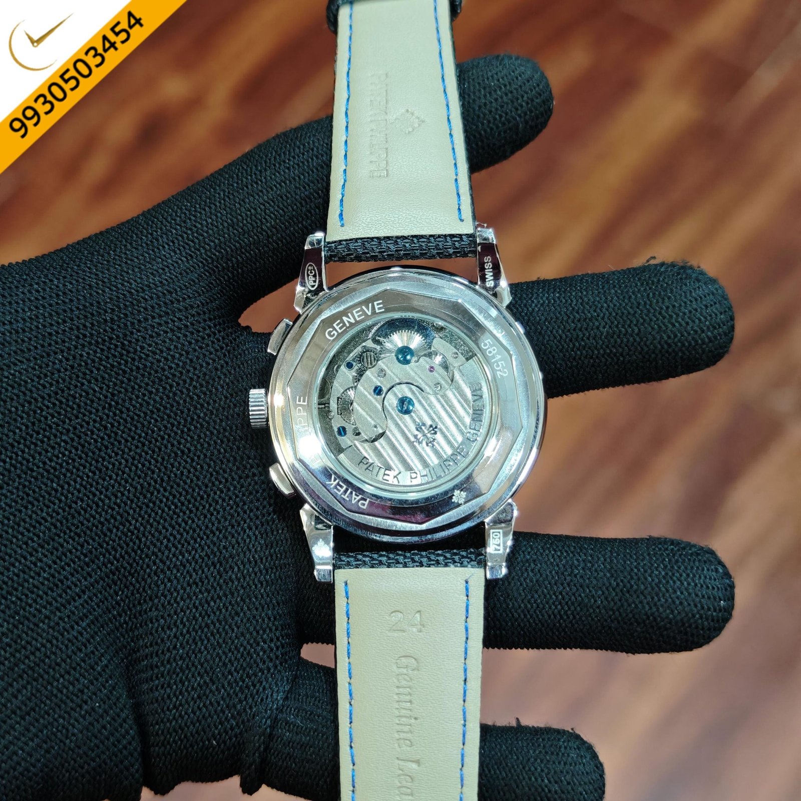 Patek Philippe Style Chronograph Blue Dial Black Fabric Strap Swiss Automatic Watch - Image 3