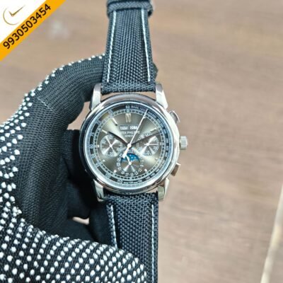 Patek Philippe Style Chronograph Dark Grey Dial Black Fabric Strap Swiss Automatic Watch