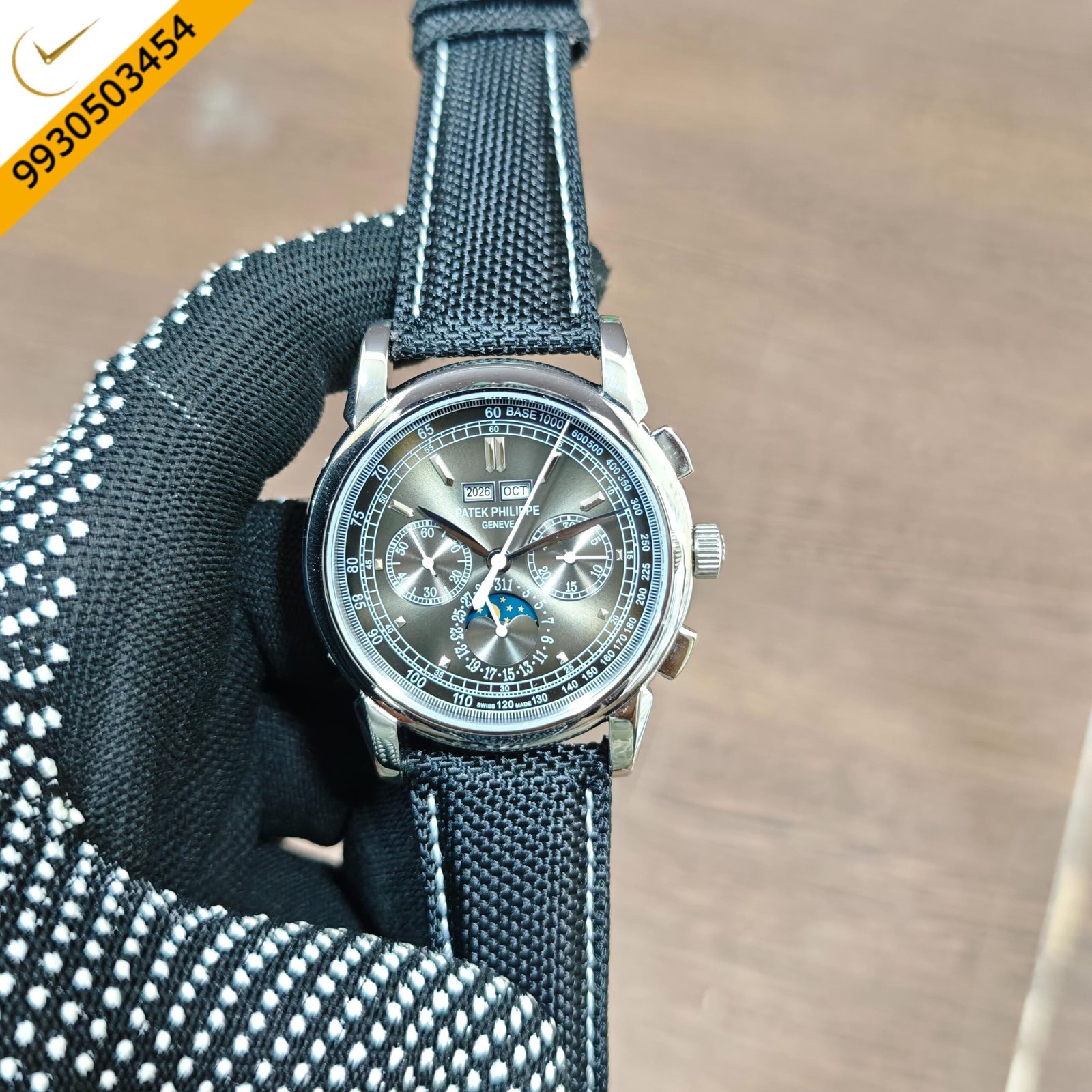 Patek Philippe Style Chronograph Dark Grey Dial Black Fabric Strap Swiss Automatic Watch