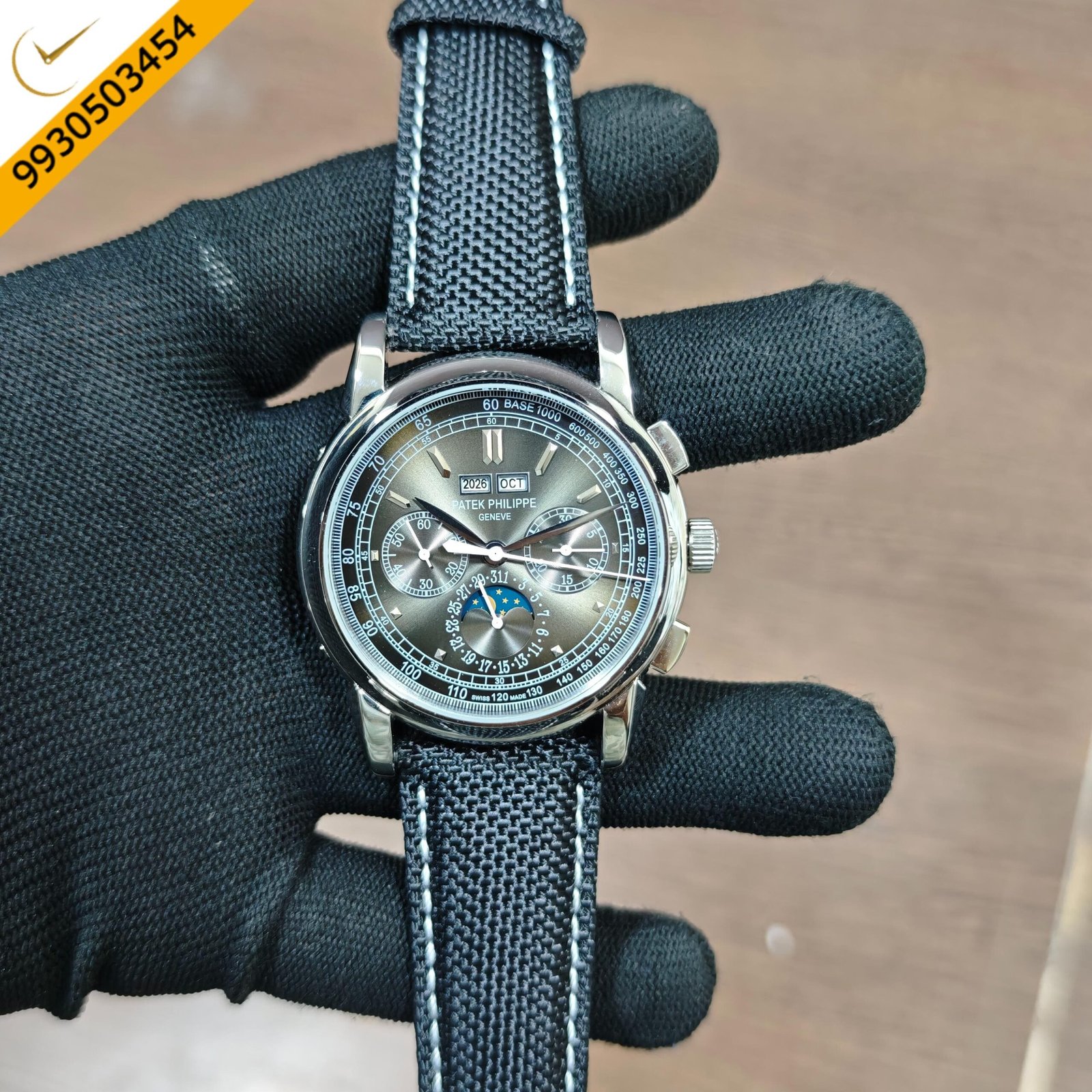 Patek Philippe Style Chronograph Dark Grey Dial Black Fabric Strap Swiss Automatic Watch - Image 2