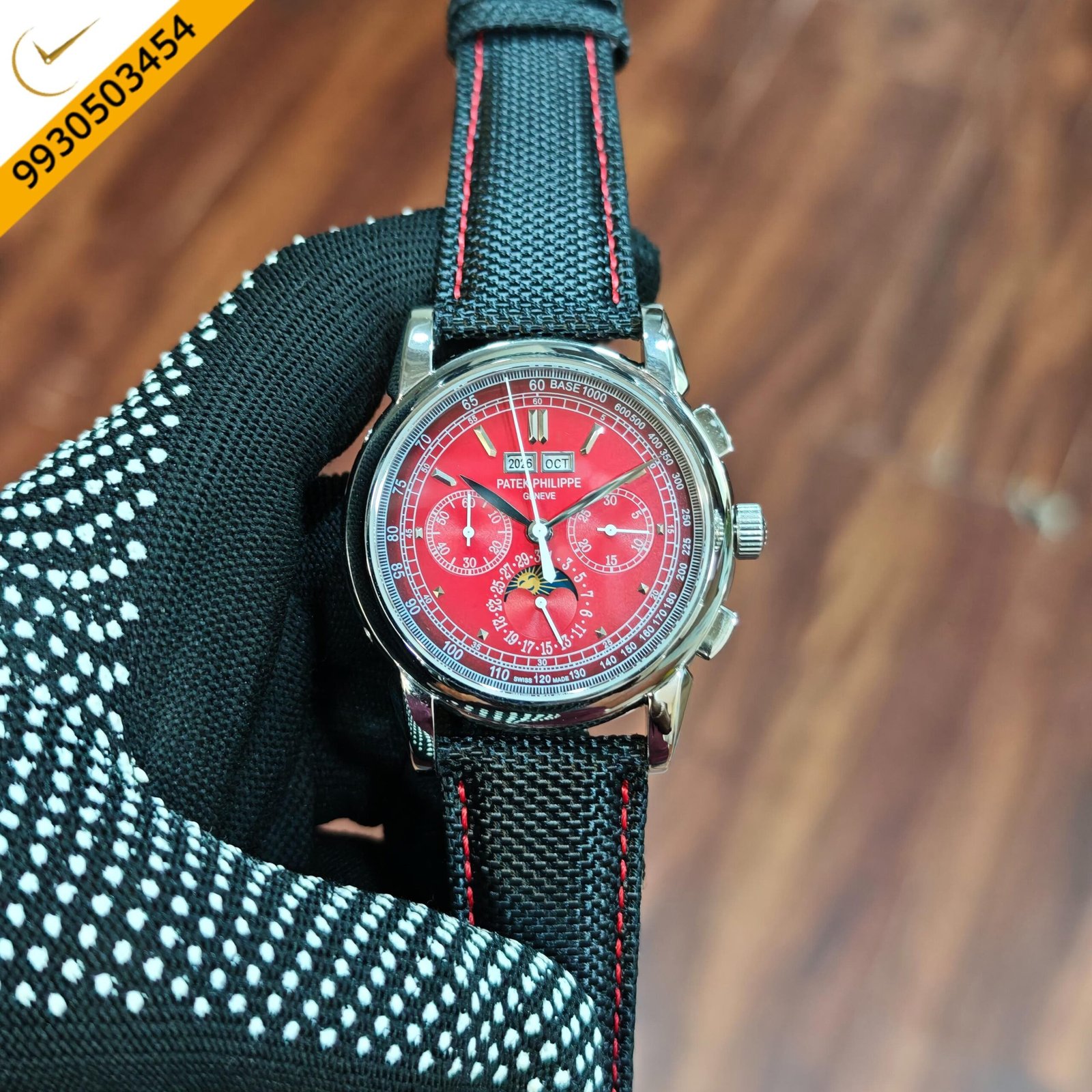 Patek Philippe Style Chronograph Red Dial Black Fabric Strap Swiss Automatic Watch