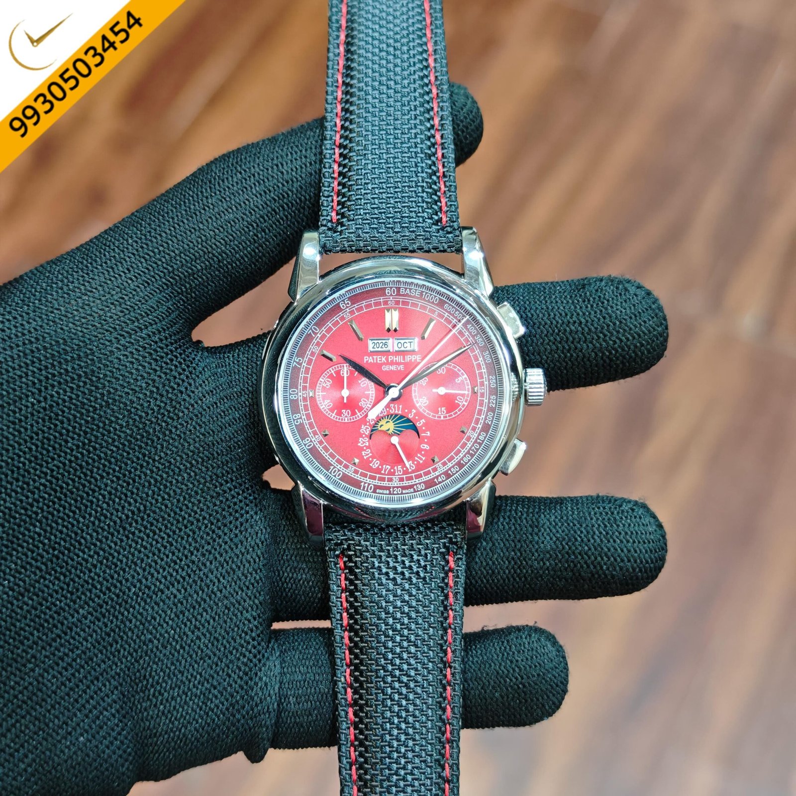 Patek Philippe Style Chronograph Red Dial Black Fabric Strap Swiss Automatic Watch - Image 2