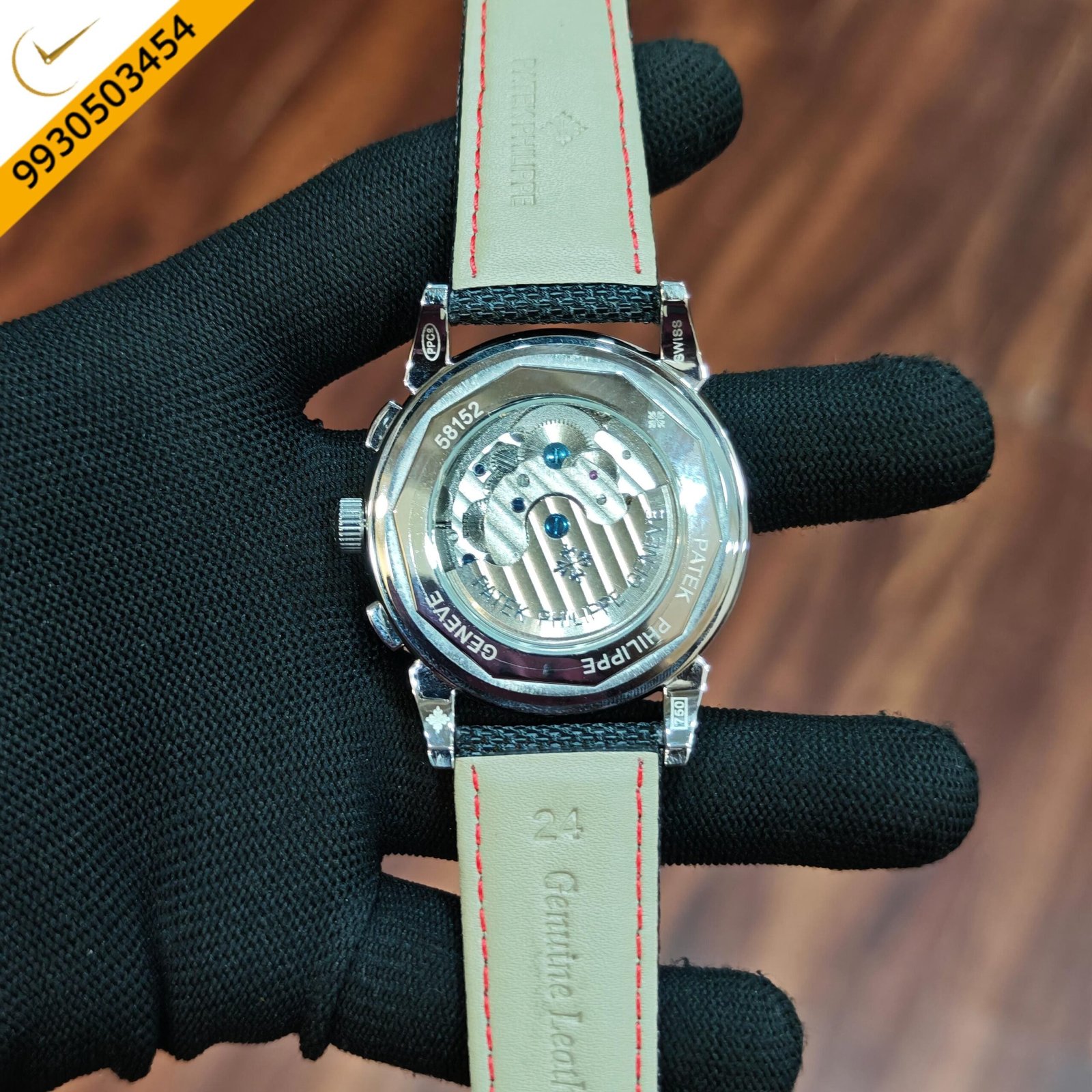 Patek Philippe Style Chronograph Red Dial Black Fabric Strap Swiss Automatic Watch - Image 3